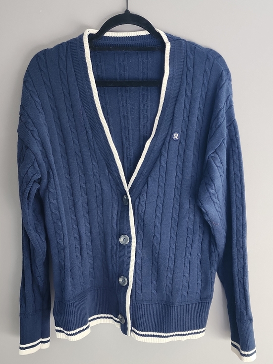 lululemon athletica Sweaters - lululemon athletica Navy Cable-Knit Cardigan with White Trim